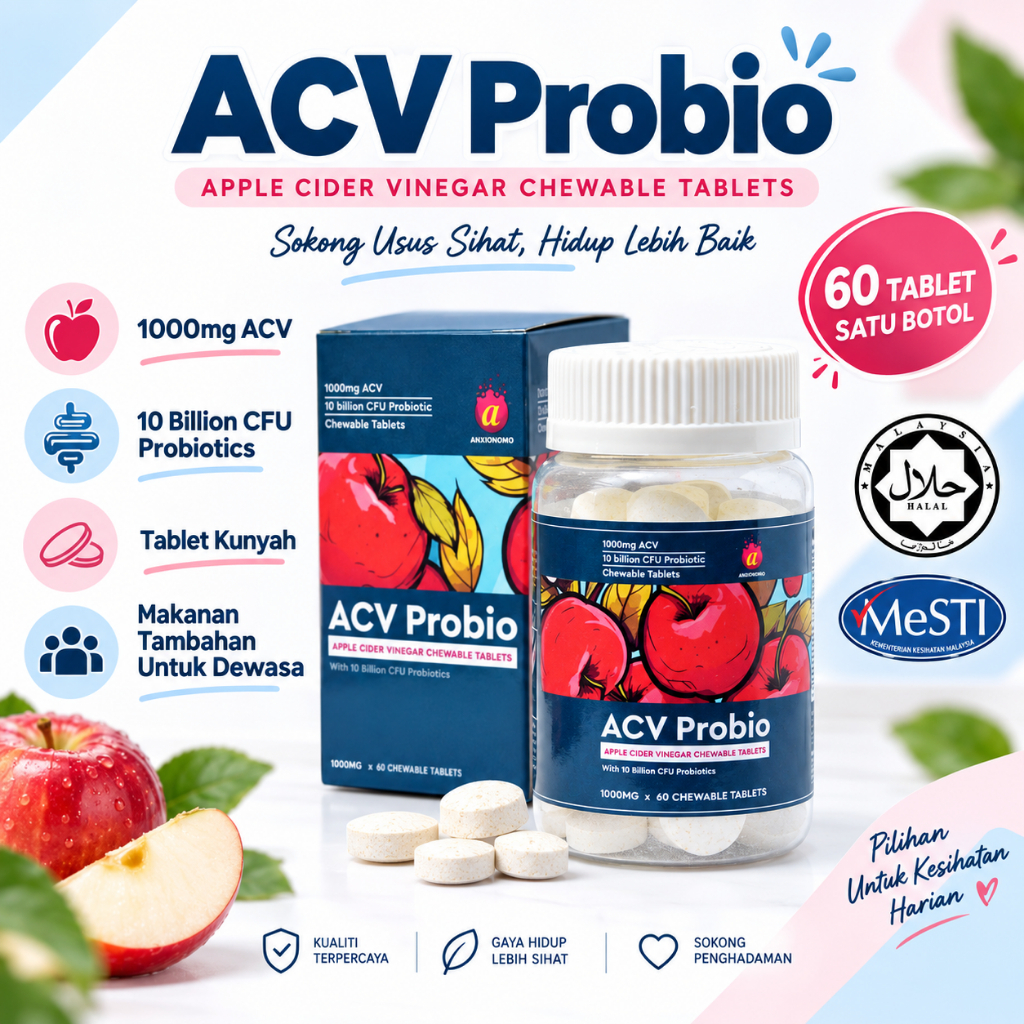 ACV Probio ANXIONOMO, botol 60 tablet kunyah cuka epal dan probiotik dengan kotak produk
